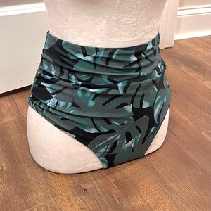 High Waisted Ruched Palm Leaf Swim Bottoms